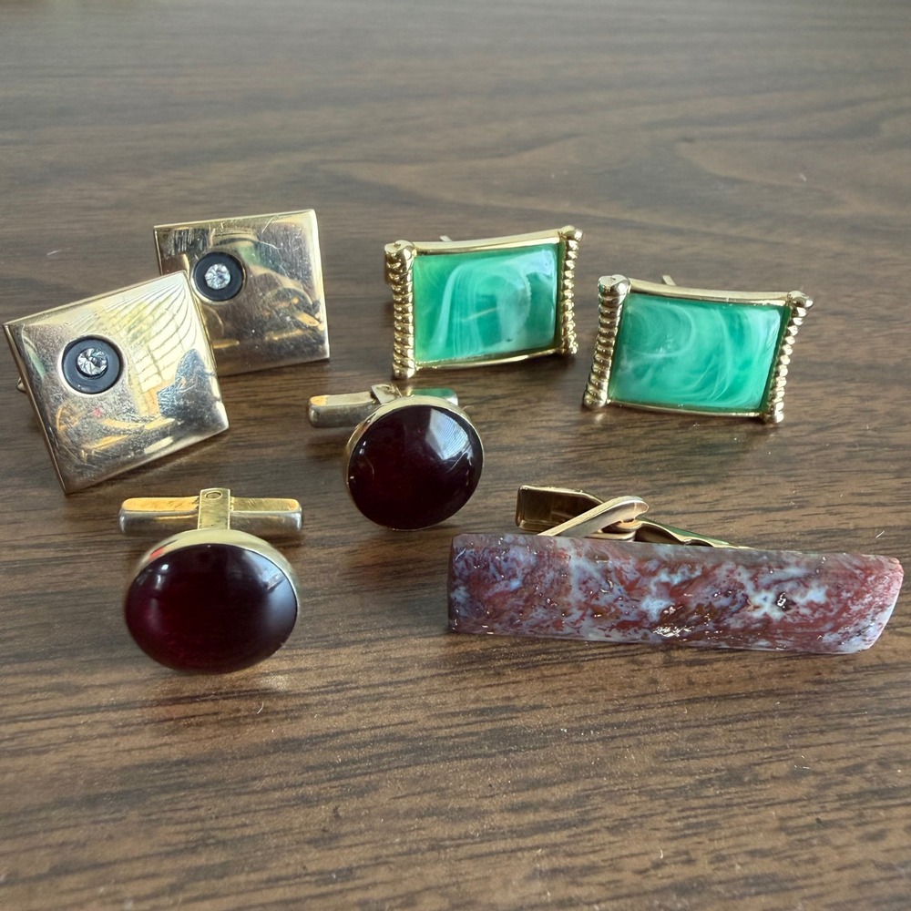 Vintage Swank Mani-Figh Mens Cufflinks and Tie Clip Lot Gold Tone Marbled Stone